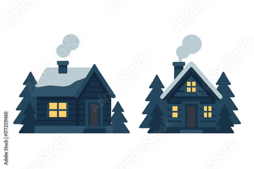 Cozy winter cabins in a snowy forest landscape with smoke rising from the chimneys