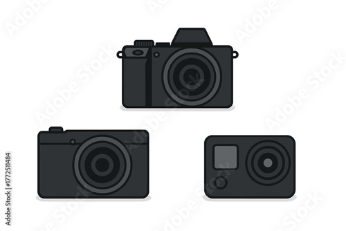 Set of modern digital cameras including mirrorless, compact, and action camera models