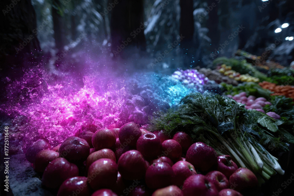 Naklejka premium Vibrant display of fresh fruits and vegetables under mystical lighting in a forest setting