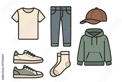 Collection of essential casual clothing items: t-shirt, denim jeans, hoodie, cap, sneakers, and socks