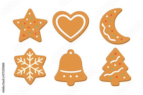 Six festive gingerbread cookies decorated with icing and sprinkles for Christmas and holiday celebrations