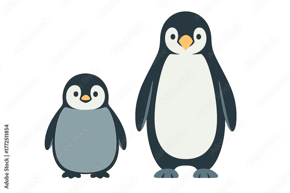 Obraz premium Cute cartoon adult penguin and baby chick standing together on a white background