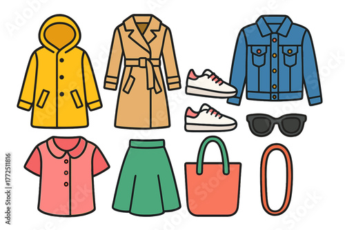 Flat lay arrangement of stylish garments and accessories including raincoat, trench coat, and denim jacket