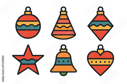 Colorful collection of Christmas ornaments including bauble star bell and heart shapes