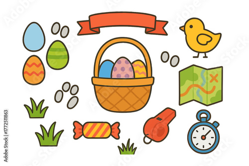 Colorful collection of Easter egg hunt elements including basket, chick, map, and candy