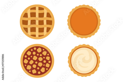 Assortment of four traditional sweet dessert pies with various fillings and crust designs