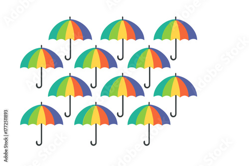Repeating design featuring multiple vibrant open umbrellas with curved handles