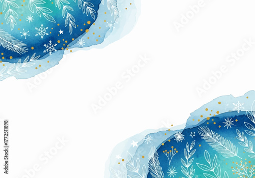 Festive holiday watercolor background with snowflakes and gold accents for winter celebration and greeting card design