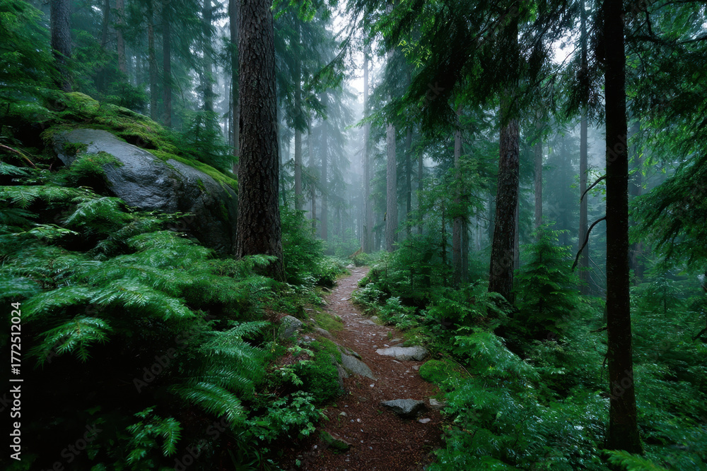 Obraz premium Path through a misty forest with lush greenery and tall trees in early morning light