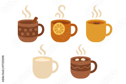 Cozy steaming mugs with hot chocolate, spiced cider, and warm seasonal beverages