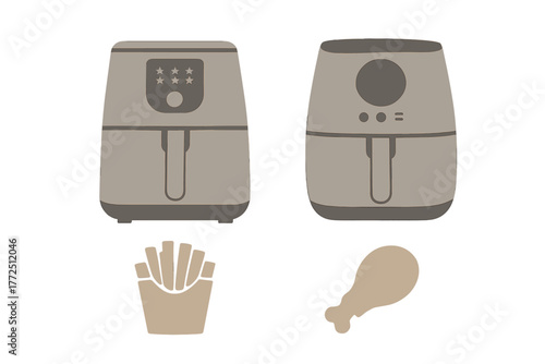 Modern kitchen air fryer appliances set with fried chicken and french fries food icons