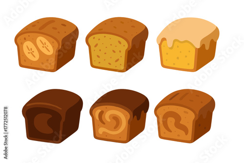 Assortment of sweet bread loaves and cakes with banana, chocolate, and cinnamon