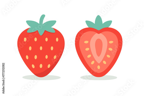 Whole strawberry and cross section showing internal structure and seeds on white background