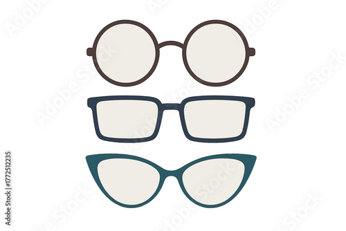 Modern collection of three different styles of prescription eyeglasses frames