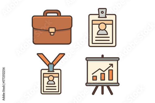Briefcase, identification badges, and financial presentation chart symbols for business