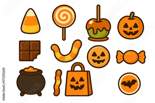 Classic Halloween sweets and spooky icons set featuring candy corn, caramel apple, and jack-o'-lanterns