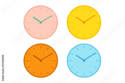 Four brightly colored round analog clocks showing different time zones or schedules