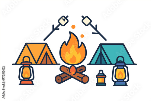 Cozy outdoor camping scene with tents glowing lanterns warm bonfire and marshmallows roasting