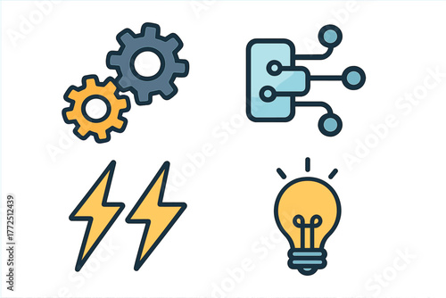 Essential symbols representing engineering, data connection, power, and creative thinking