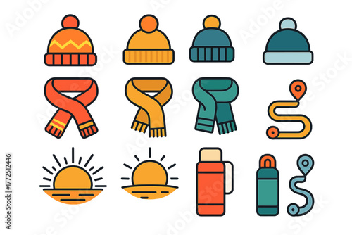 Collection of flat design symbols for winter outdoor activities and cold weather travel