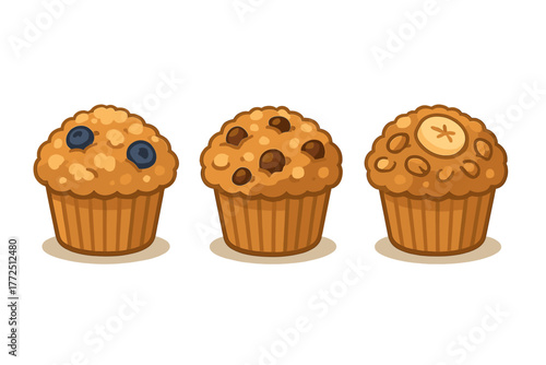 Assortment of baked goods featuring blueberry, chocolate chip, and banana nut muffins