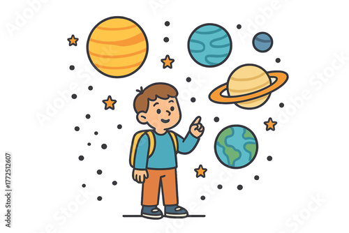 Curious child pointing at Earth, Saturn, and Jupiter planets in the universe