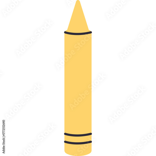 A simple yellow crayon with two dark blue bands near the top and bottom against a clean white background symbolizing creativity and art supplies