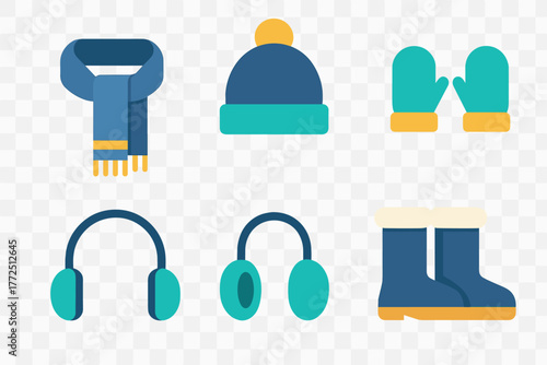 Set of essential winter accessories including hat, scarf, mittens, boots, and earmuffs
