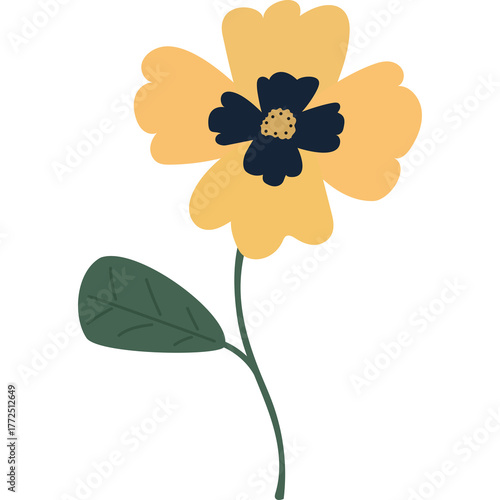 A Simple Yellow Flower With A Dark Center And Green Leaf On A Transparent Background