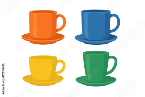 Four bright colorful ceramic mugs and saucers isolated on a white background