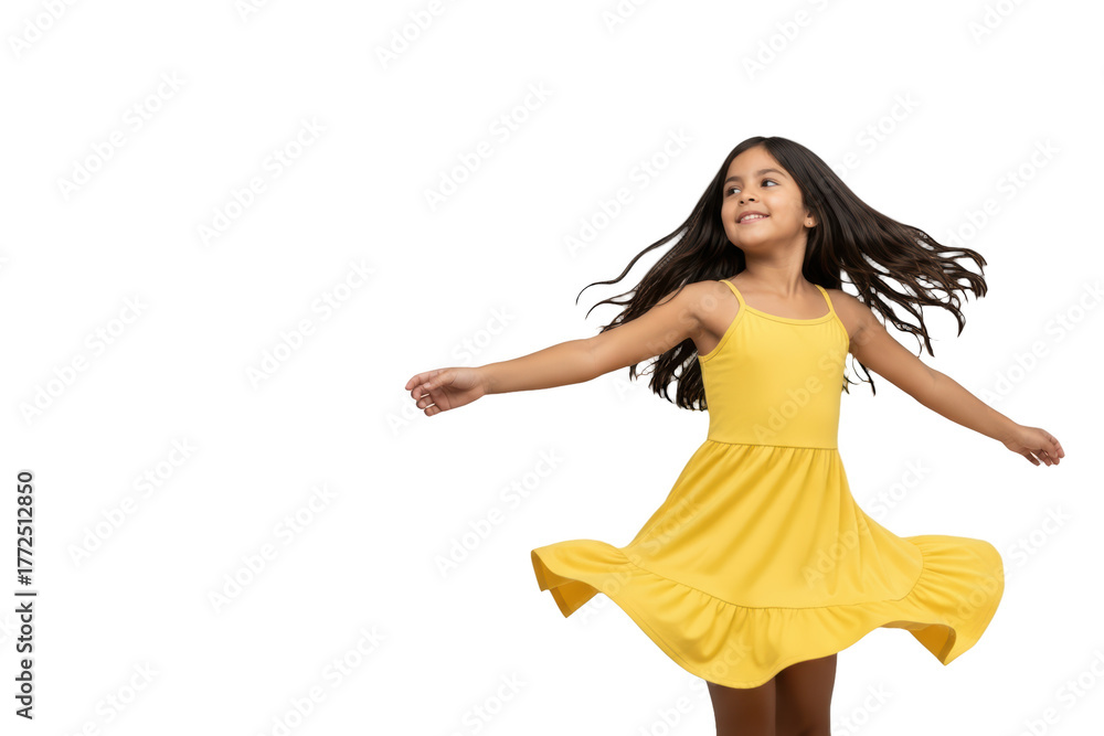 Naklejka premium A young girl in a yellow dress is jumping joyfully, against transparent background