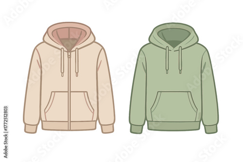 Two casual hooded sweatshirts in different styles and pastel colors isolated on white background