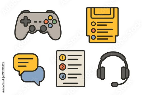 Colorful flat icons set for gaming, communication, and digital accessories