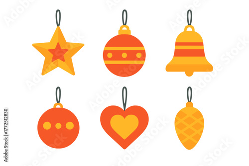 Six festive Christmas ornaments collection featuring star bell baubles and heart shapes