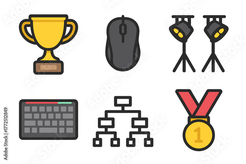 Set of colorful icons representing success, technology, production, and business organization