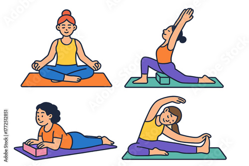 Four women performing various yoga poses, using mats and blocks for stretching and balance