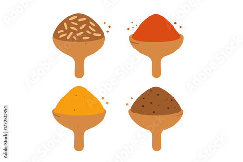 Collection of four wooden spoons filled with different colorful ground spices and whole seasonings