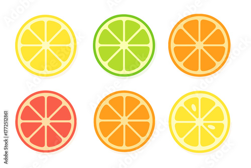 Vibrant cross sections of lemon, lime, orange, and grapefruit citrus fruits arranged on a white background