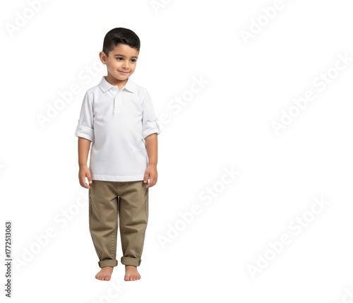 A young boy standing with a smile, wearing a white shirt and khaki pants, against transparent background