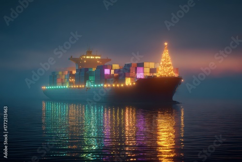 Festive cargo ship glowing on New Year night