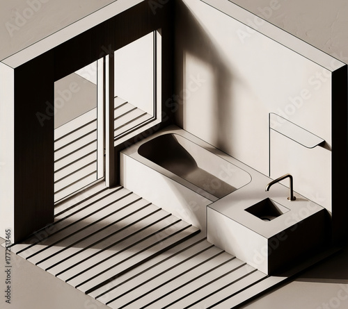 Bathroom interior in isometric view. Retro vintage illustration, interior
