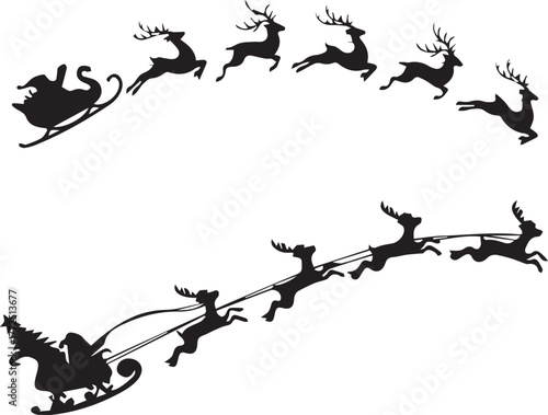 The silhouette of a reindeer-pulled sleigh soars through the night sky, carrying Santa Claus as he embarks on his annual journey to deliver gifts. 