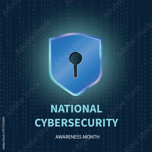 Cybersecurity shield, glowing secure design, blue matrix code, secure awareness banner, data safety, modern technology style