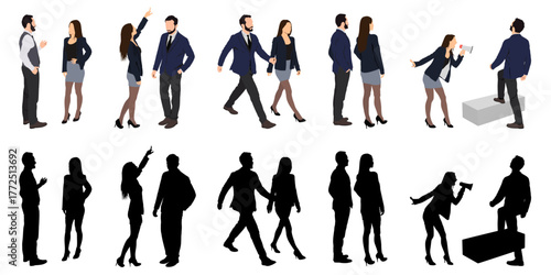 silhouette of business people group, business concept businessmen women team leader meeting male female cartoon character isolated