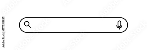 Minimalist search bar icon with magnifying glass and microphone, simple UI element for website or app interface, isolated vector template for search field or input box design
