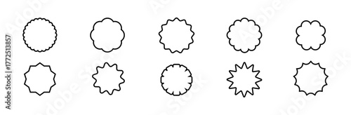 Blank badge outlines set. Collection of circular label frames with zigzag, wavy, and starburst edges. Black line shapes isolated on white background. Graphic vector illustration.

