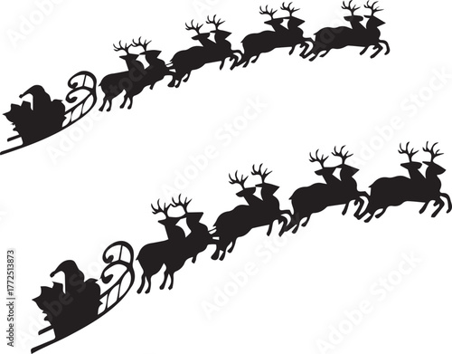 Two silhouettes of a sleigh guided by reindeer are soaring across the sky, conjuring up the holiday spirit and festive feeling.