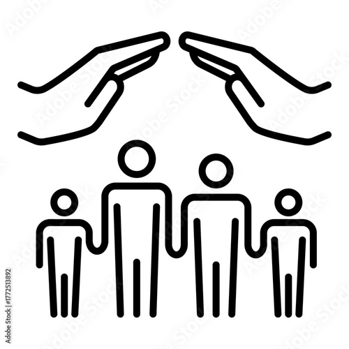Family protection icon showing hands shielding a group of people. Symbolizes family care, safety, and support, representing love, unity, and protection within a household or community.