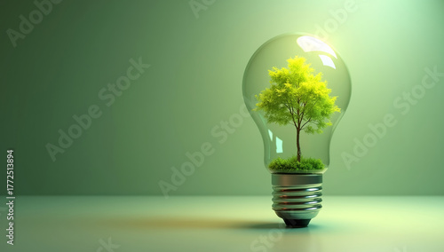 A minimalist 3D render of a glowing light bulb with a small tree inside.