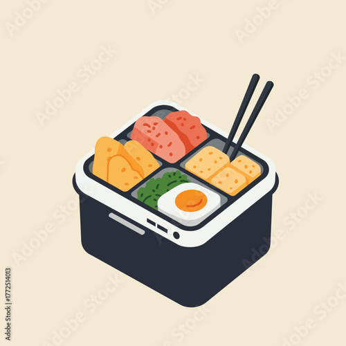 Isometric Bento Box Illustration Featuring Assorted Japanese Lunch Food Items with Chopsticks in a Minimalist Graphic Style